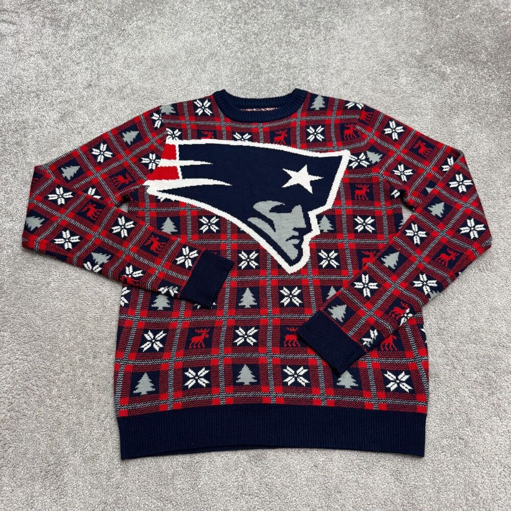 NFL Team Apparel New England Patriots Ugly Christmas Sweater Mens M Plaid Knit